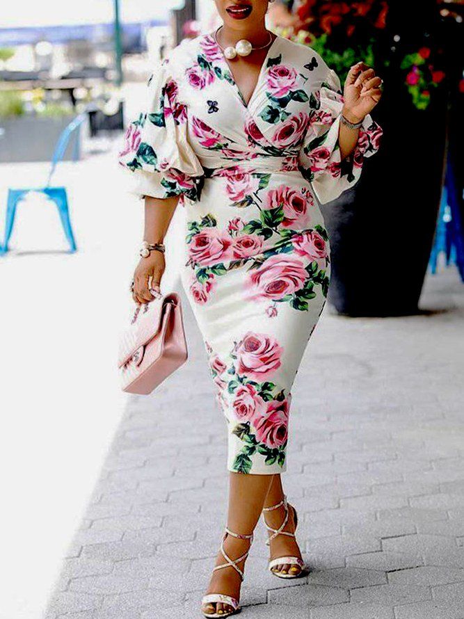 Lantern Sleeve Regular Fit Floral Elegant Midi Dress