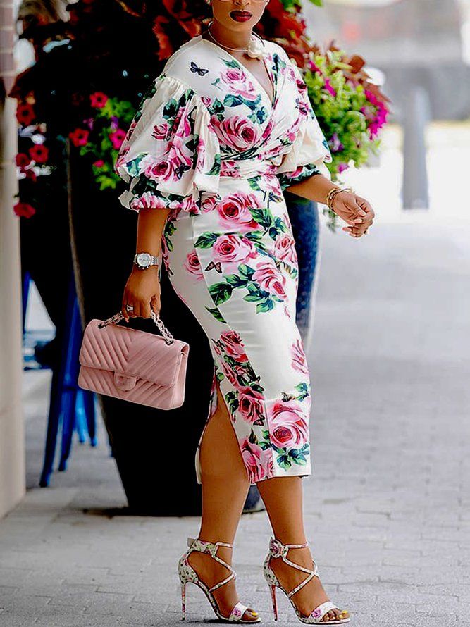 Lantern Sleeve Regular Fit Floral Elegant Midi Dress