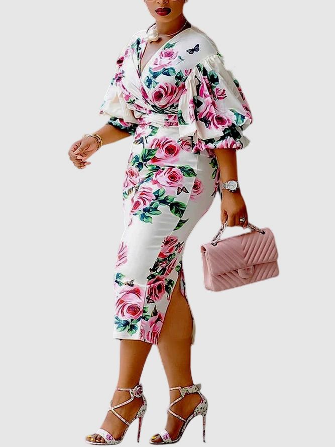 Lantern Sleeve Regular Fit Floral Elegant Midi Dress