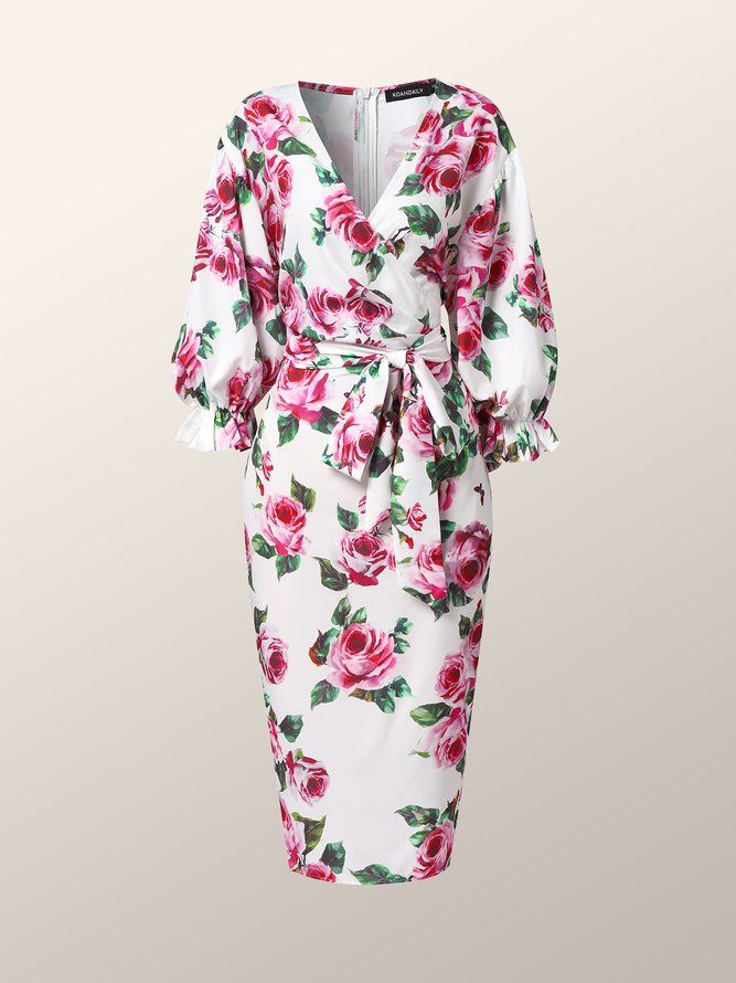 Lantern Sleeve Regular Fit Floral Elegant Midi Dress