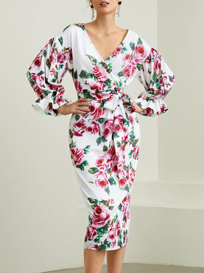 Lantern Sleeve Regular Fit Floral Elegant Midi Dress