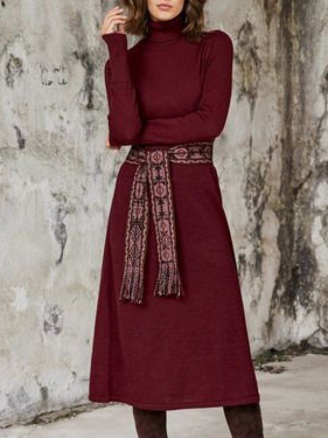 Turtleneck Burgundy A-Line Solid Midi-Kjole (Unntatt Belte)