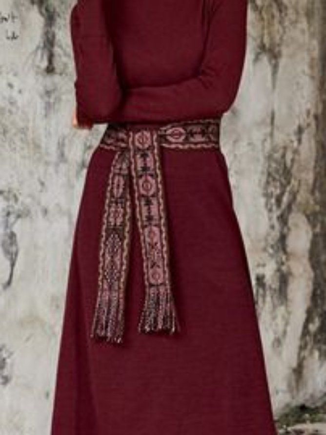 Turtleneck Burgundy A-Line Solid Midi-Kjole (Unntatt Belte)