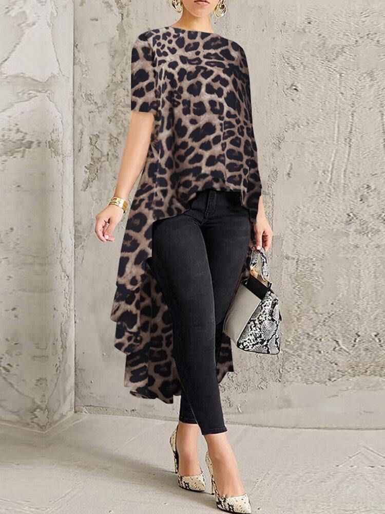 100% Polyester Leopard Print High Low Bluse For Kvinner