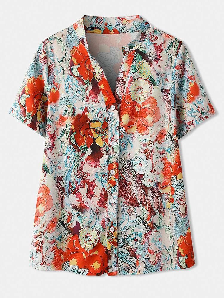 Calico Print Kortermet Stativ Krage Knapp Bluse For Kvinner