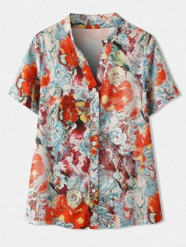 Calico Print Kortermet Stativ Krage Knapp Bluse For Kvinner