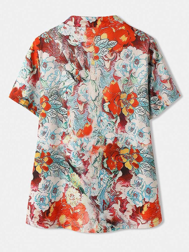 Calico Print Kortermet Stativ Krage Knapp Bluse For Kvinner