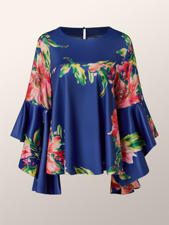 Crew Neck Floral Flare Sleeve Topp