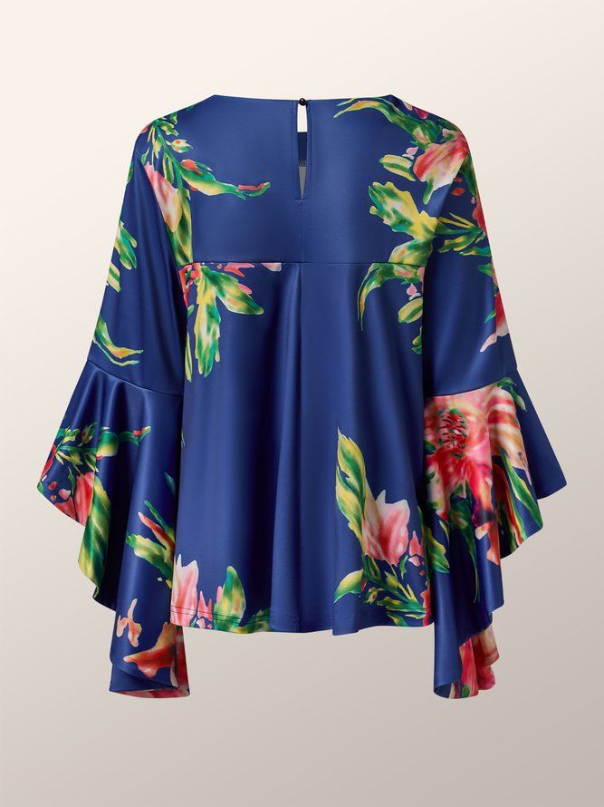 Crew Neck Floral Flare Sleeve Topp