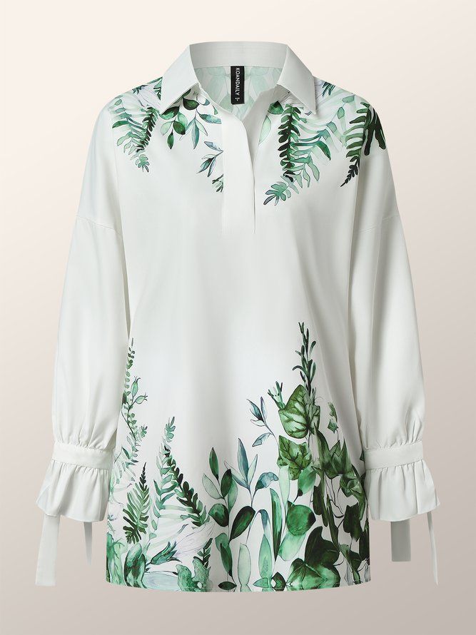 Daily Leaf Printed Long Sleeve Shirt Collar Bluse