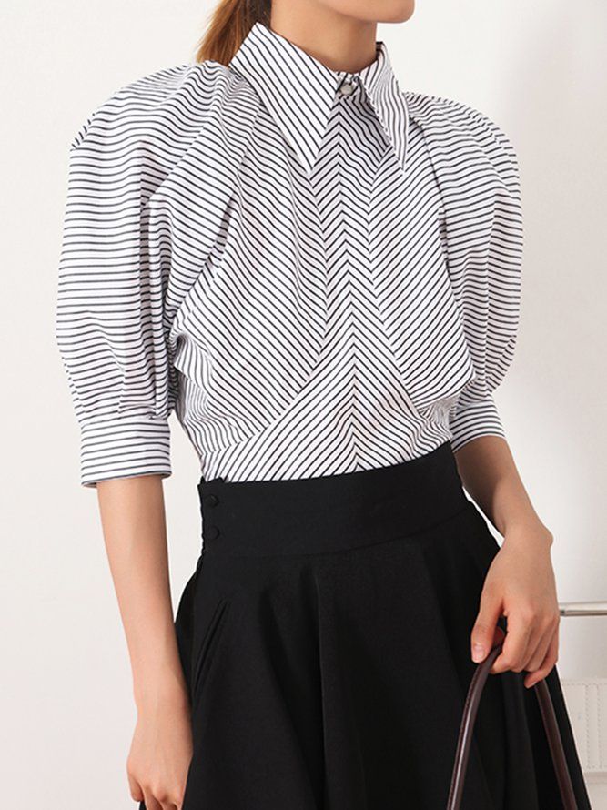 Daily Work Stripet Puff Sleeve Løs Bluse