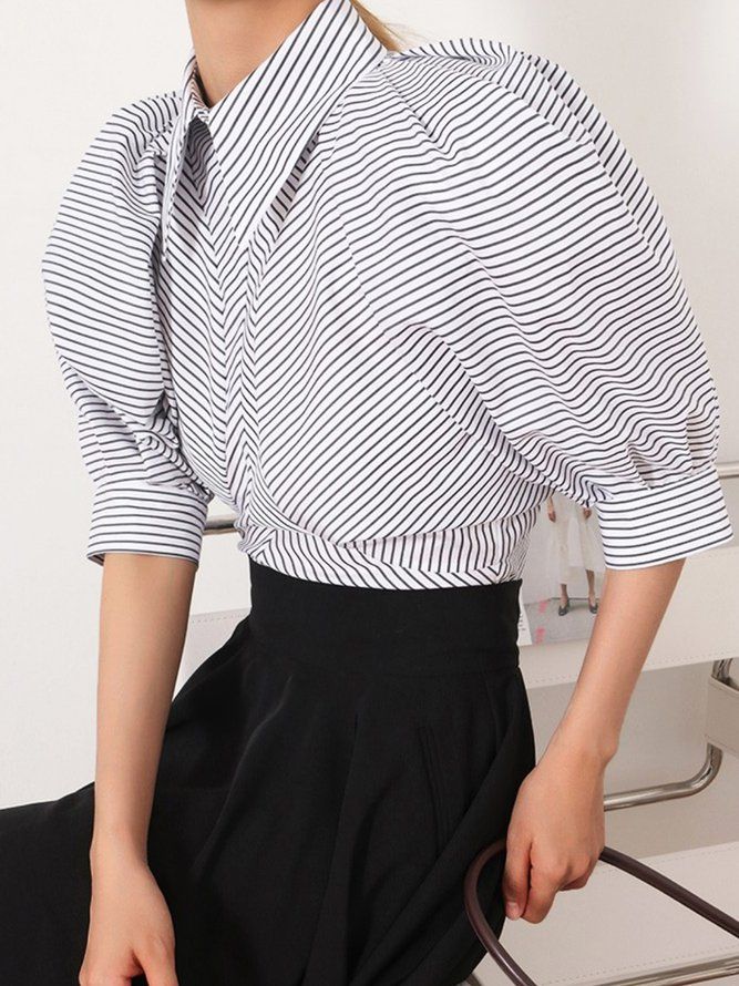 Daily Work Stripet Puff Sleeve Løs Bluse