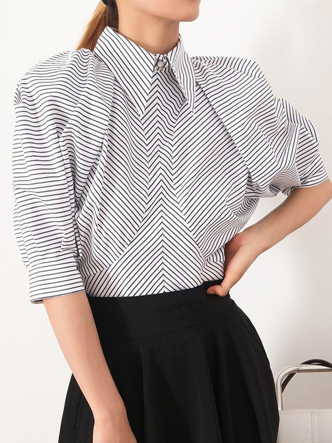 Daily Work Stripet Puff Sleeve Løs Bluse