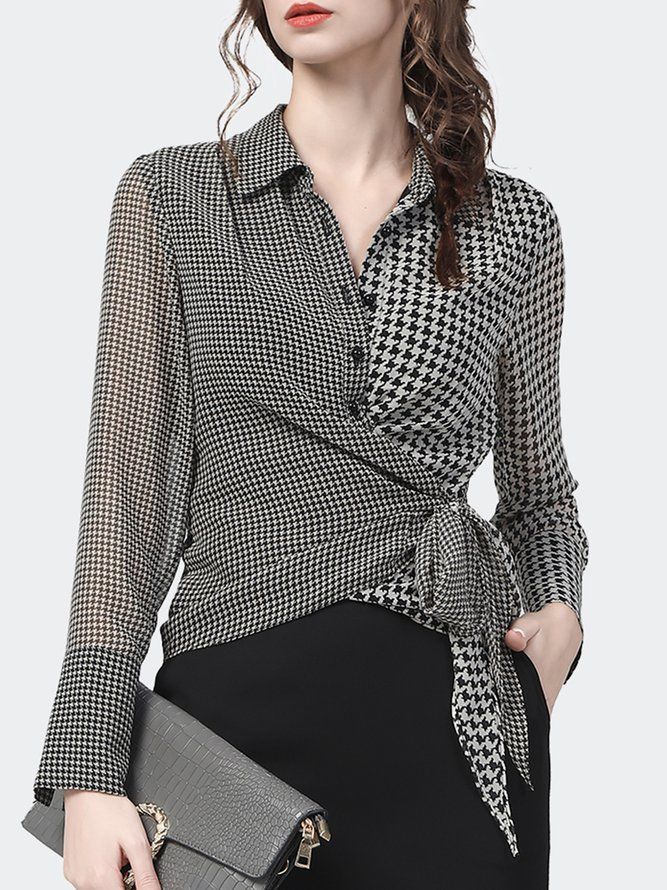 Elegant Houndstooth Langermet Skjorte Kragebluse