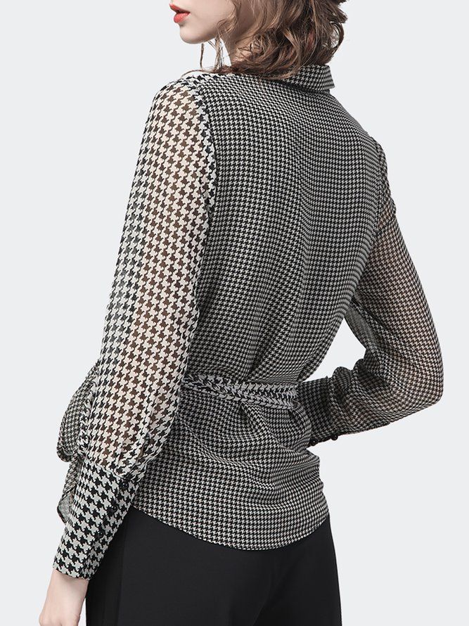 Elegant Houndstooth Langermet Skjorte Kragebluse