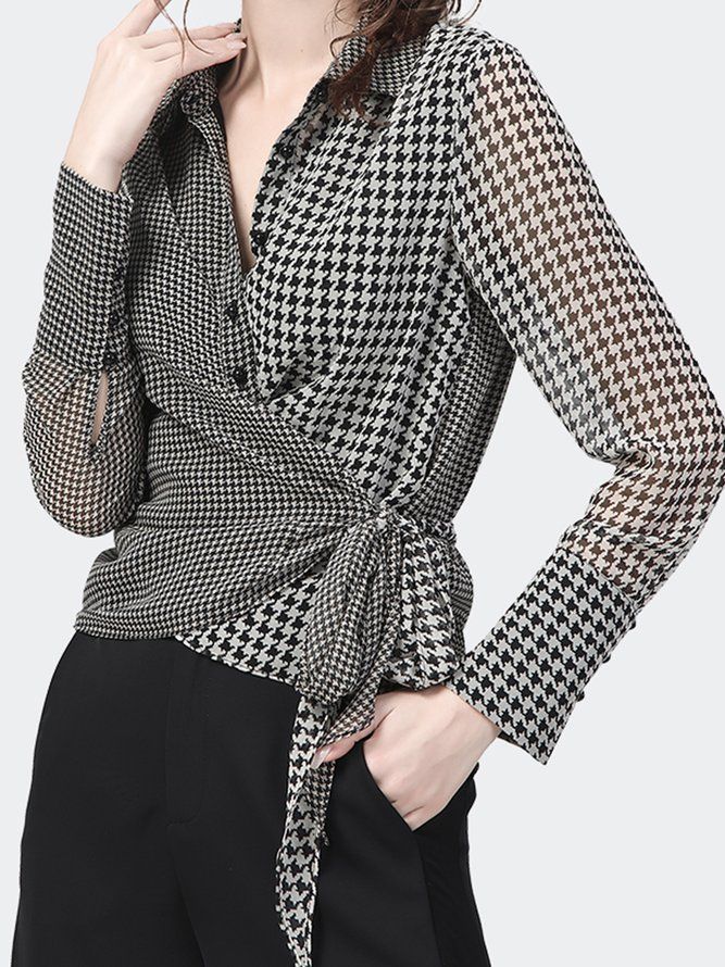 Elegant Houndstooth Langermet Skjorte Kragebluse