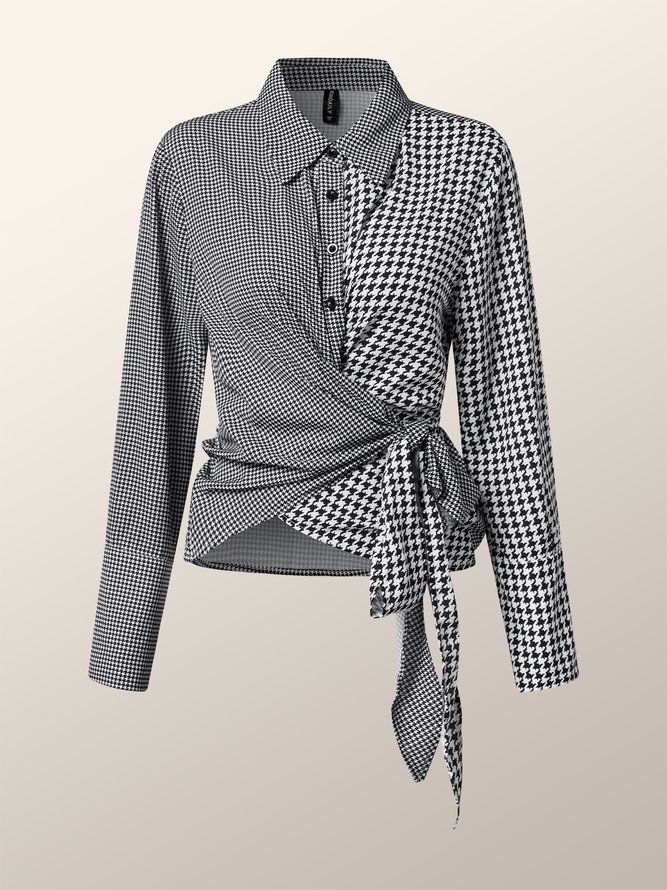 Elegant Houndstooth Langermet Skjorte Kragebluse