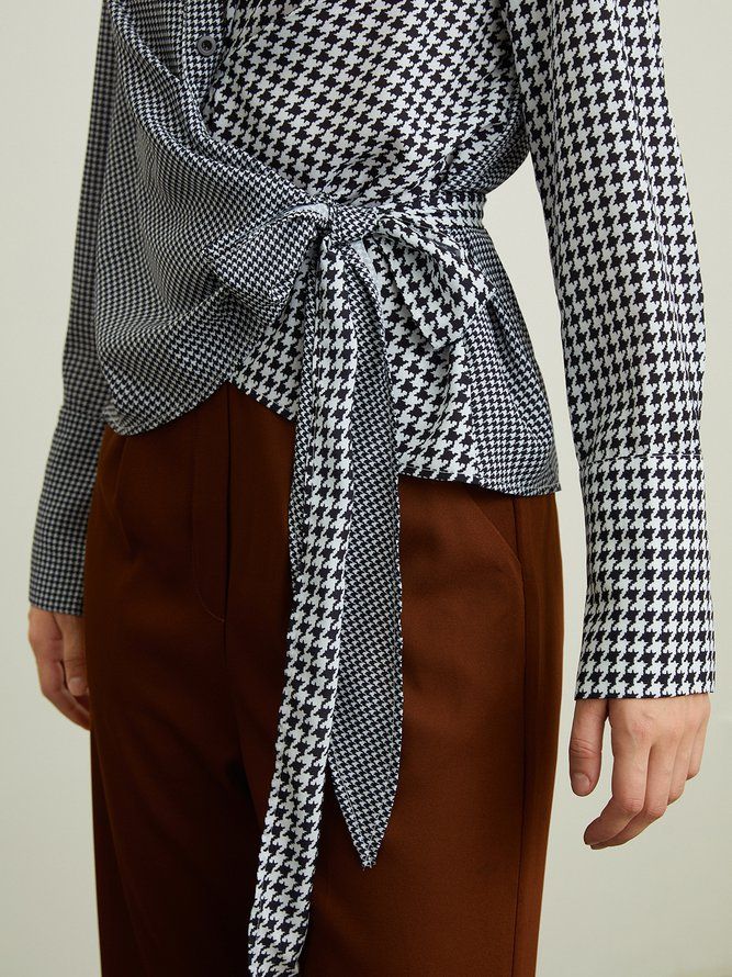 Elegant Houndstooth Langermet Skjorte Kragebluse