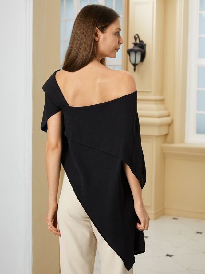 Elegant Solid Off The Shoulder Asymmetrisk Design Svart Topp