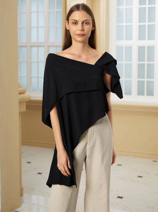 Elegant Solid Off The Shoulder Asymmetrisk Design Svart Topp