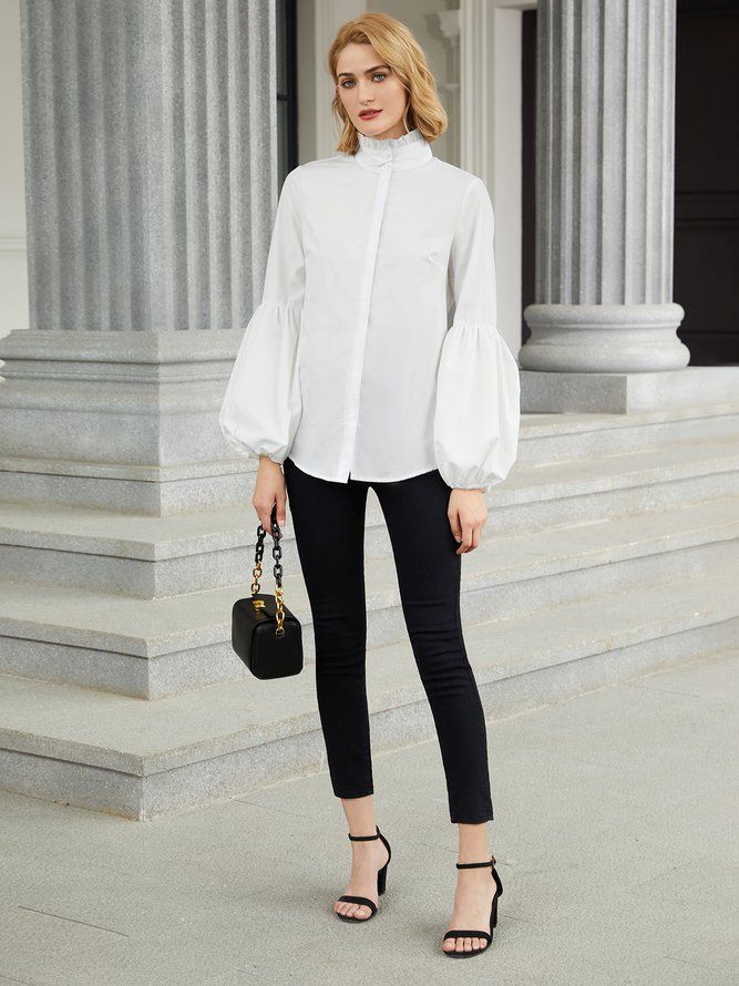 Elegant Turtleneck Ballongermet Work Solid Bluse