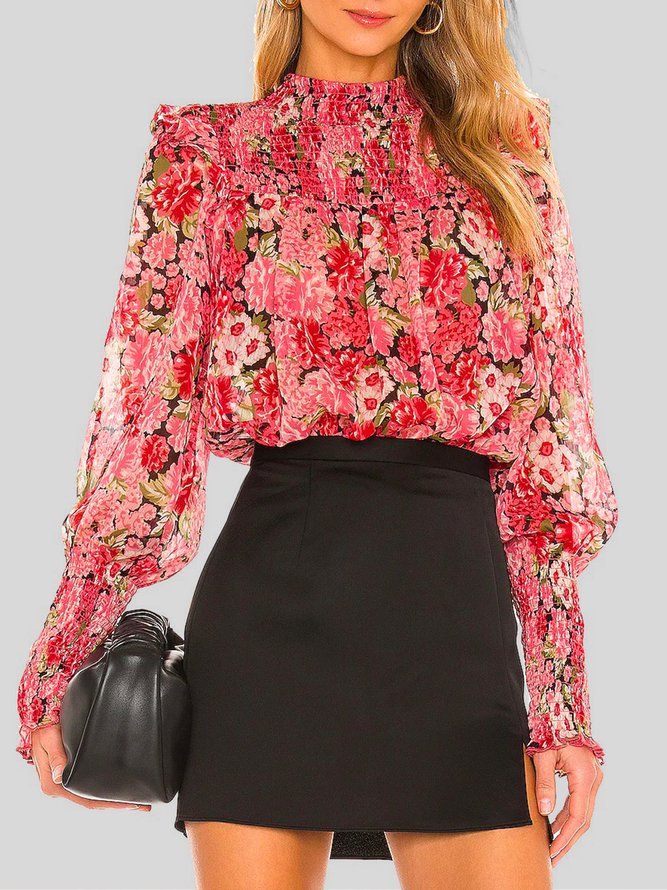 Ferie Lantern Sleeve Stand Collar Floral Bluse