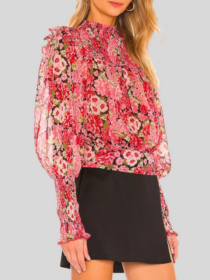 Ferie Lantern Sleeve Stand Collar Floral Bluse