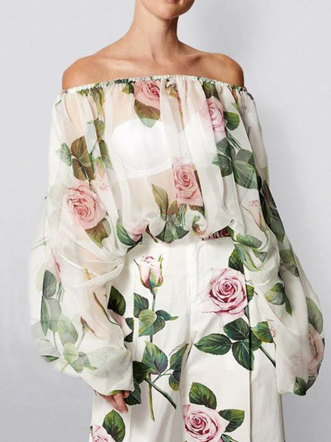 Floral Vacation Bishop Sleeve Off The Shoulder Langermet Topp