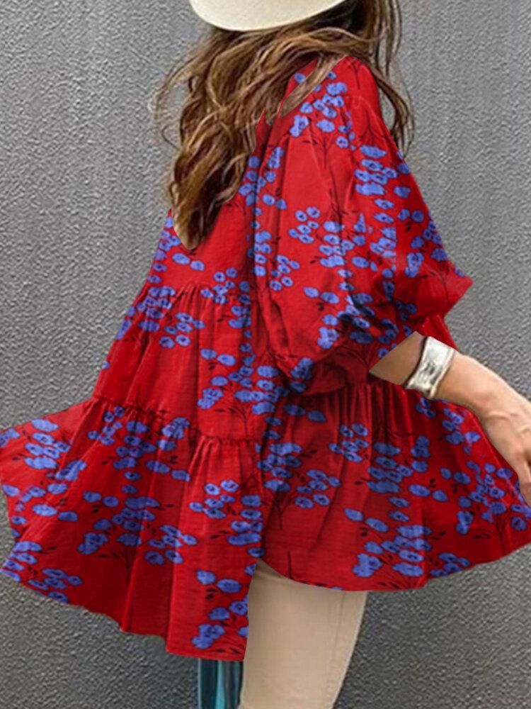 Flower Print Button Front Ruffle Pleated Casual Puff Sleeve Bluser For Kvinner