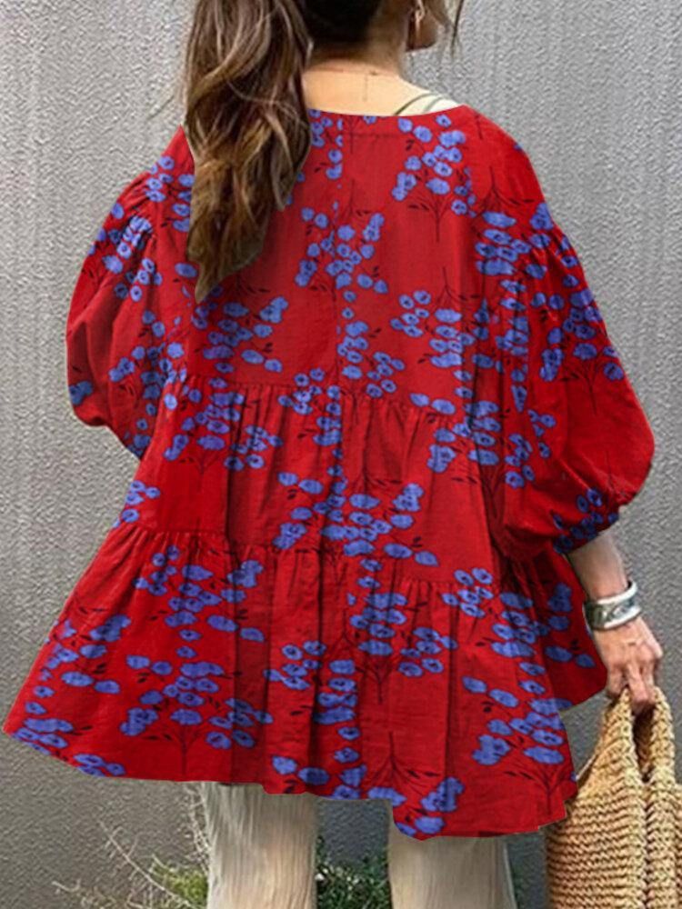 Flower Print Button Front Ruffle Pleated Casual Puff Sleeve Bluser For Kvinner