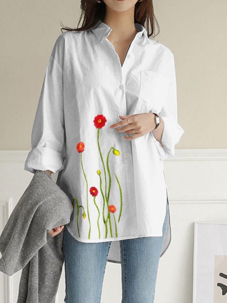 Kvinner Blomster Broderi Vanlig Lapel Langermet Side Splitt Casual Bluse