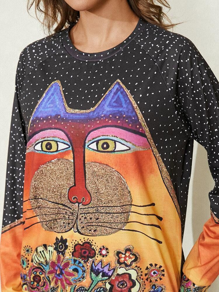 Kvinner Tegneserie Cat Spot Print Rundhals Casual Raglan Sleeve Bluser