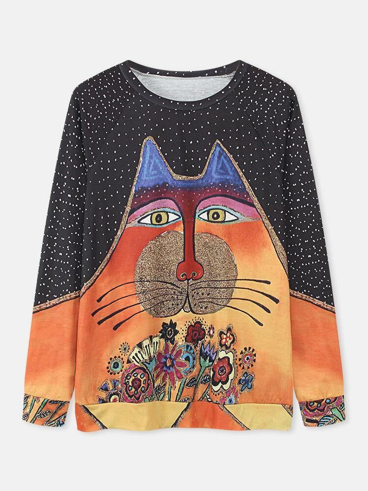 Kvinner Tegneserie Cat Spot Print Rundhals Casual Raglan Sleeve Bluser