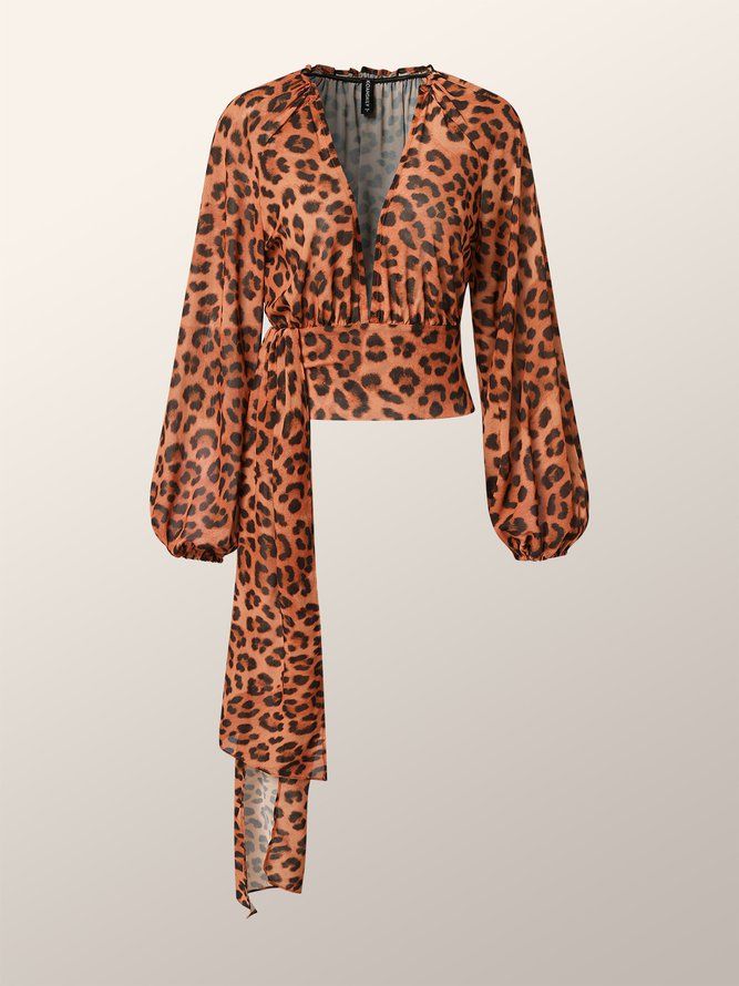 Langermet Passform Leopard Urban Chiffon Topp Med Høy Midje