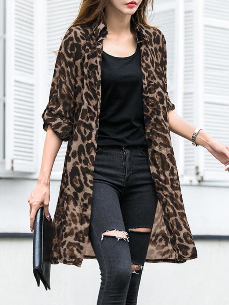 Langermet Tynn Lett Chiffon Leopard Fritid Cardigan For Dame