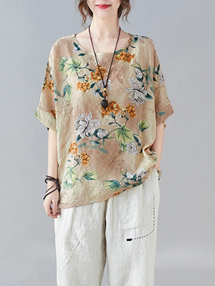 Loose Fit Flowers Printing Street Fashion Bluser