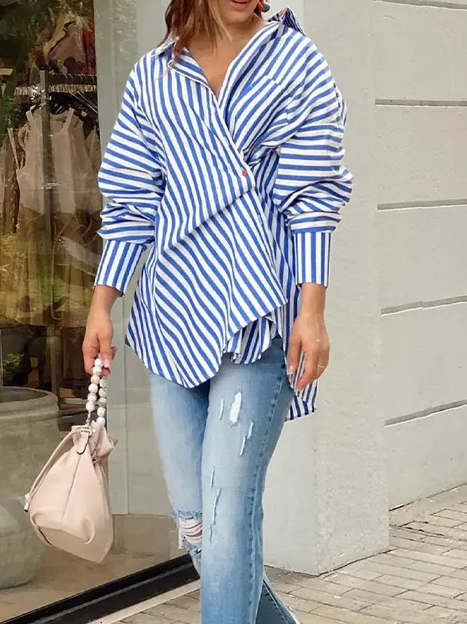 Løs Skjortekrage Langermet Urban Striped Bluse