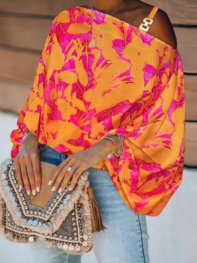 Orange Daily Floral Elegant Lantern Sleeve Loose Top