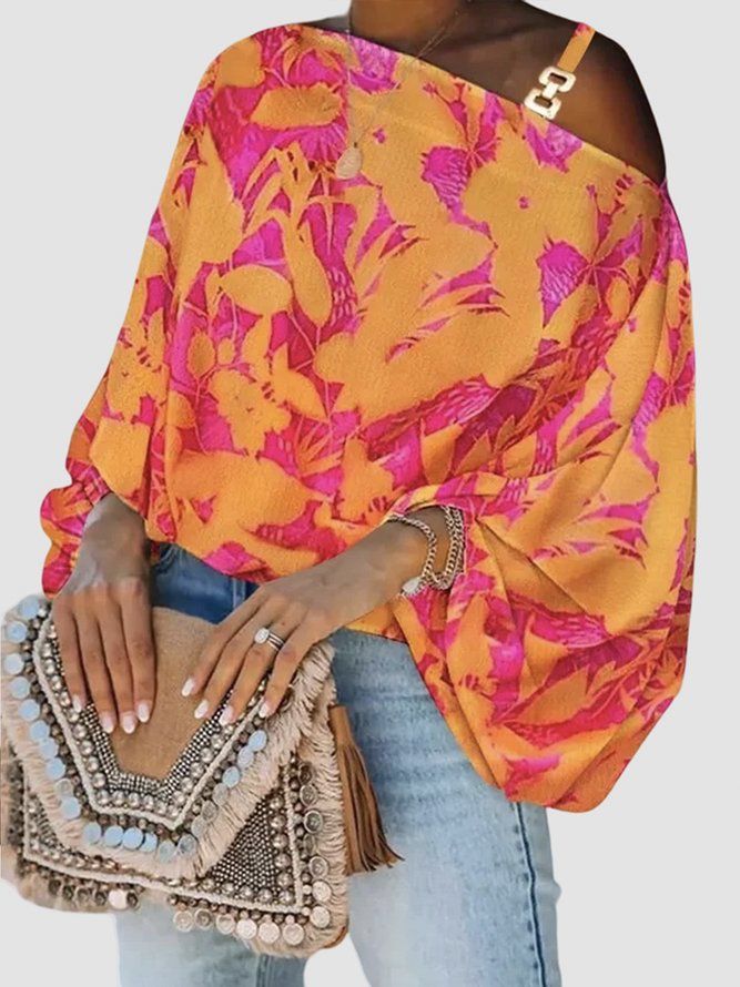 Orange Daily Floral Elegant Lantern Sleeve Loose Top