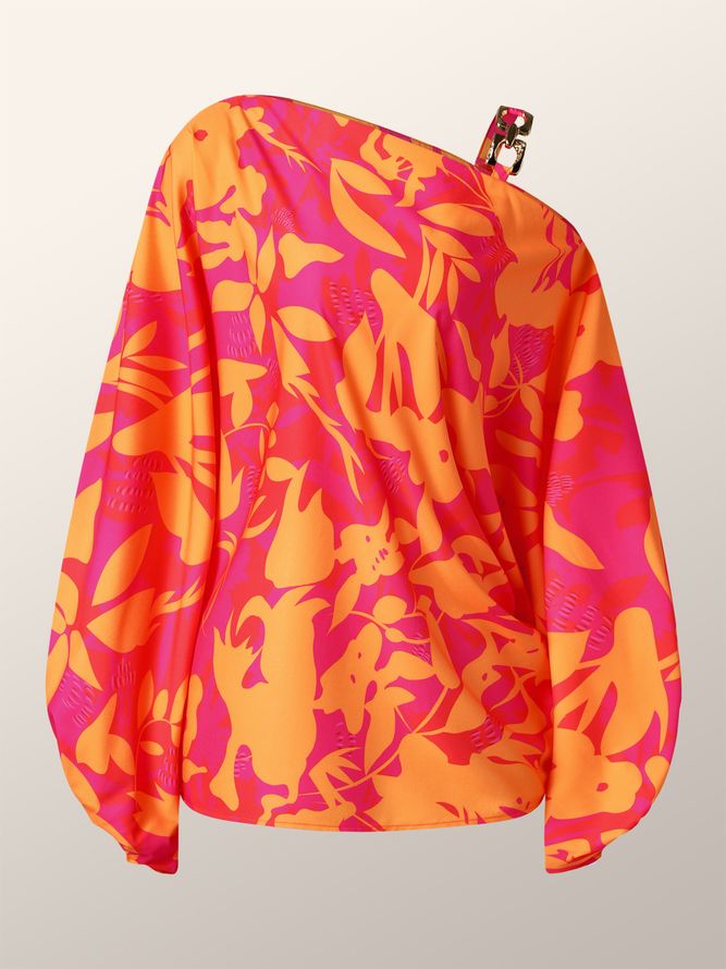 Orange Daily Floral Elegant Lantern Sleeve Loose Top