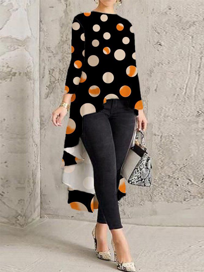 Urban Crew Neck Polka Dots Langermet Uregelmessig Bluse