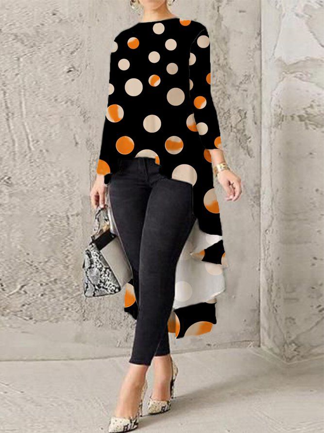 Urban Crew Neck Polka Dots Langermet Uregelmessig Bluse