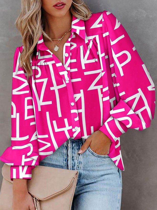 Urban Text Letters Printed Shirt Collar Bluse