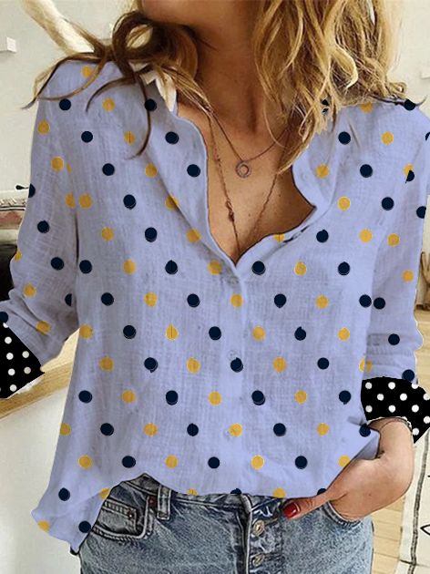 Vintage Skjorte Krage Bomull Polka Dots Bluse