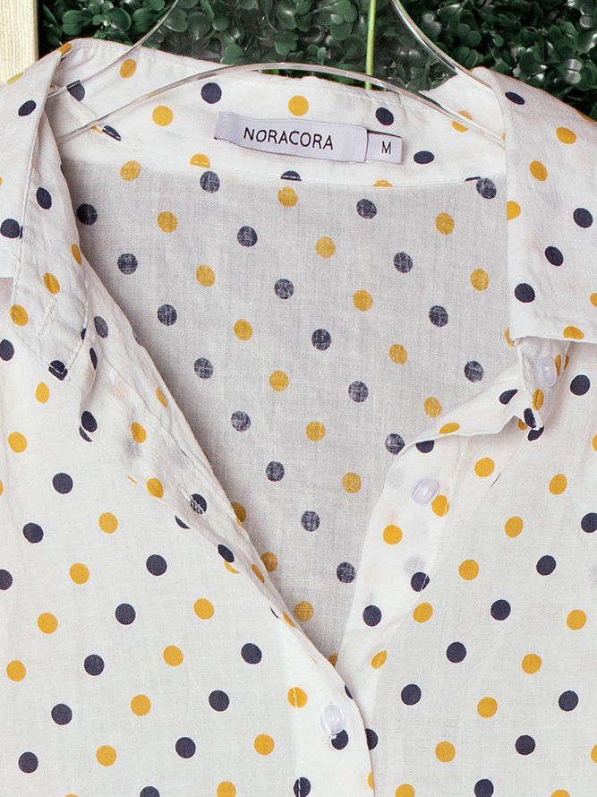 Vintage Skjorte Krage Bomull Polka Dots Bluse