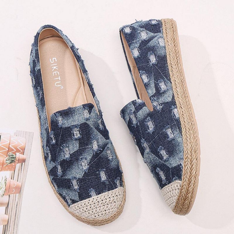 Dame Comfy Denim Ripped Design Espadrilles Flate Sko Loafers