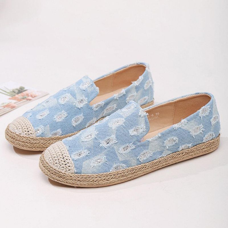 Dame Comfy Denim Ripped Design Espadrilles Flate Sko Loafers