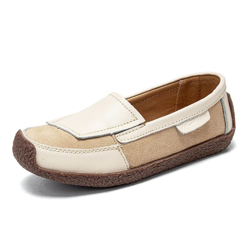 Kvinner Comfy Leather Splicing Myk Slip On Flat Loafers