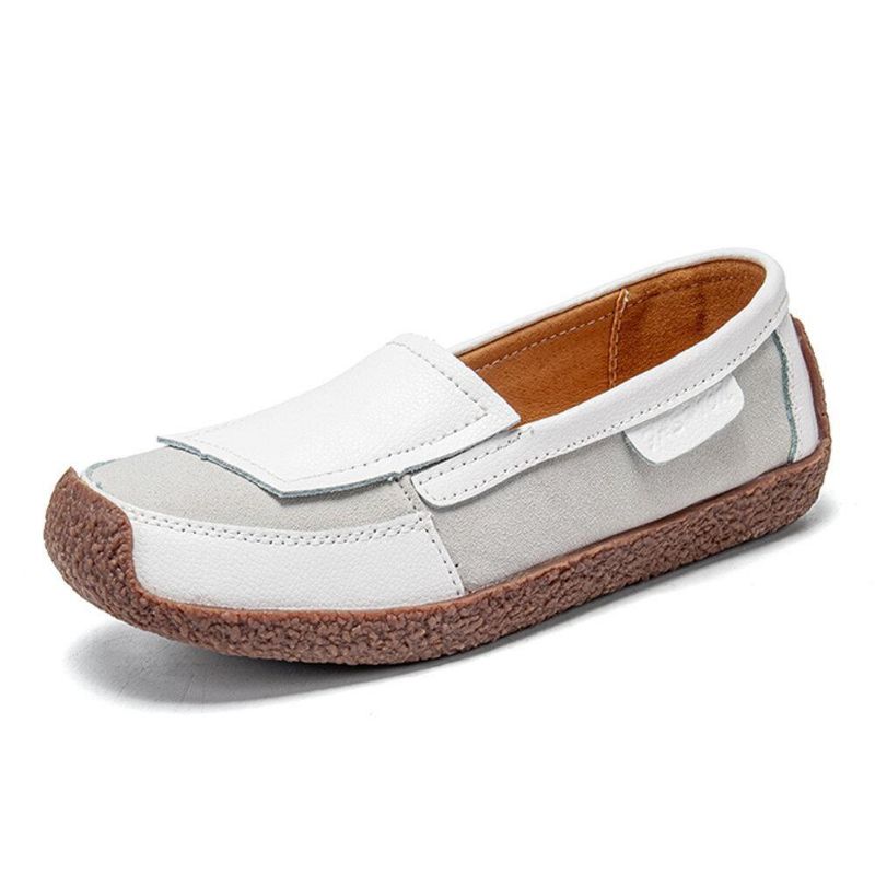 Kvinner Comfy Leather Splicing Myk Slip On Flat Loafers