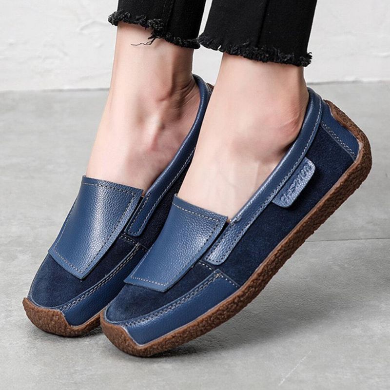 Kvinner Comfy Leather Splicing Myk Slip On Flat Loafers